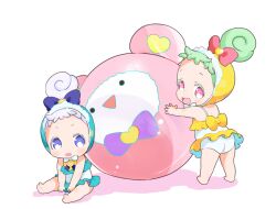 Rule 34 | 2girls, :d, aged down, baby, ball, barefoot, beachball, between legs, blue bow, blue eyes, blue hair, bow, commentary request, full body, green hair, hair bow, hand between legs, janis (pripara), jewlie (pripara), kuma (pripara), looking at viewer, looking back, machico maki, multiple girls, open mouth, pink bow, ponytail, pretty series, pripara, short hair, simple background, sitting, smile, standing, swimsuit, white background, yellow bow
