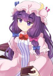 Rule 34 | 1girl, absurdres, blue bow, blue ribbon, blush, book, bow, bowtie, breasts, capelet, closed mouth, commentary request, crescent, crescent hat ornament, dress, hair bow, hat, hat ornament, hat ribbon, highres, long hair, mob cap, patchouli day, patchouli knowledge, pink bow, pink ribbon, purple eyes, purple hair, red bow, red bowtie, ribbon, robe, schinfaxi1996, simple background, solo, striped clothes, striped dress, touhou, vertical-striped clothes, vertical-striped dress, very long hair, white background, wide sleeves