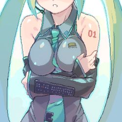 Rule 34 | 1girl, bare shoulders, between breasts, breast hold, breasts, crossed arms, detached sleeves, covered erect nipples, green hair, hatsune miku, head out of frame, large breasts, lowres, monk (syugyousou), necktie, oekaki, solo, twintails, vocaloid