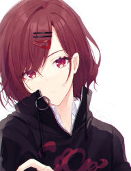 Rule 34 | 1girl, black sweater, chobo ume, closed mouth, hair between eyes, hair ornament, hairclip, highres, higuchi madoka, idolmaster, idolmaster shiny colors, looking at viewer, mole, mole under eye, portrait, print sweater, red eyes, red hair, short hair, simple background, solo, sweater, white background