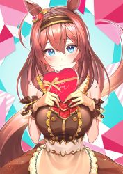 Rule 34 | 1girl, ahoge, animal ears, apron, ascot, bare shoulders, blue eyes, blush, box, breasts, brown dress, brown hair, dress, food-themed hair ornament, frown, gift, gloves, hair ornament, hairband, hands on own chest, heart-shaped box, highres, holding, holding gift, horse ears, horse girl, horse tail, kainown, large breasts, long hair, looking at viewer, mihono bourbon (code:glassage) (umamusume), mihono bourbon (umamusume), official alternate costume, orange hair ornament, red ascot, solo, strawberry hair ornament, tail, umamusume, waist apron, yellow gloves