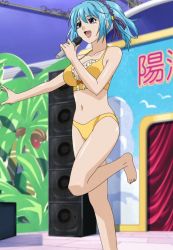 Rule 34 | 1girl, barefoot, bikini, blue hair, breasts, cleavage, coconut, demon girl, feet, hair ornament, headband, microphone, palm tree, ponytail, purple eyes, screencap, short hair, stage, stitched, demon girl, swimsuit, tagme, third-party edit, tree, violet eyes