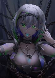 Rule 34 | 1girl, arm up, black collar, breasts, chain, character request, cleavage, collar, collarbone, crop top, girls&#039; frontline, girls&#039; frontline neural cloud, green eyes, grey hair, hairband, jewelry, looking at viewer, medium breasts, medium hair, multicolored hair, multicolored nails, nail polish, necklace, open mouth, paint on clothes, ring, scar, scar on face, solo, streaked hair, thatob, tongue, tongue out, upper body