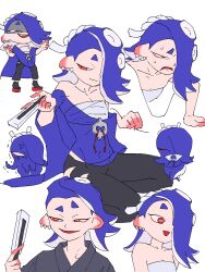 Rule 34 | 1girl, :d, alternate costume, alternate form, anger vein, bare shoulders, black kimono, black pants, blue hair, blue shawl, breasts, cephalopod eyes, chest sarashi, chibi, chibi inset, clenched hands, closed eyes, closed mouth, collarbone, commentary request, earrings, fangs, folded fan, folding fan, groin, hair behind ear, hair over one eye, hairband, hand fan, highres, holding, holding fan, japanese clothes, jewelry, jounetsu (jonetunoaoitako), kimono, medium hair, midriff, motion lines, multiple earrings, multiple views, navel, nintendo, octoling, octopus, one eye covered, open mouth, pants, pink pupils, red eyes, sarashi, see-through, see-through shawl, shaded face, shawl, shiver (splatoon), sitting, small breasts, smile, splatoon (series), splatoon 3, suction cups, tentacle hair, tooth earrings, torn clothes, torn pants, trembling, white background, white hairband