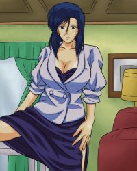 Rule 34 | 1girl, blue eyes, blue hair, breasts, city hunter, cleavage, couch, curtains, earrings, highres, jewelry, lamp, large breasts, looking at viewer, matching hair/eyes, minashi soft, nogami saeko, short hair, skirt, smile, solo, standing, window
