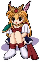 Rule 34 | 1990s (style), 1girl, akazukin chacha, belt, blonde hair, blue dress, blush, blush stickers, bracelet, brooch, brown eyes, collar, dress, jewelry, long hair, looking at viewer, magical princess, retro artstyle, short dress, short sleeves, simple background, tagme, white background, white footwear, winged hair ornament