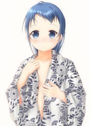 Rule 34 | 1girl, blue eyes, blue hair, breasts, collarbone, commentary request, floral print, japanese clothes, kantai collection, kimono, long hair, long sleeves, looking at viewer, mae (maesanpicture), no bra, open clothes, samidare (kancolle), sidelocks, simple background, small breasts, solo, swept bangs, very long hair, white background, wide sleeves, yukata