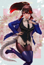 Rule 34 | 1girl, au ra, black hair, black necktie, black pantyhose, boots, breasts, dragon horns, dragon tail, final fantasy, final fantasy xiv, hand on own hip, high heel boots, high heels, highres, horns, jacket, large breasts, lochris, long hair, looking at viewer, multicolored hair, necktie, open clothes, open jacket, open mouth, pantyhose, ponytail, red eyes, red hair, scales, solo, tail, thigh boots, two-tone hair, warrior of light (ff14)