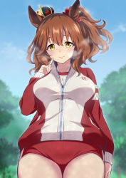 Rule 34 | 1girl, animal ears, aston machan (umamusume), blurry, blurry background, blush, breasts, buruma, commentary request, hair ornament, highres, horse ears, horse tail, jacket, looking at viewer, medium breasts, medium hair, nakahira guy, smile, solo, tail, thighs, track jacket, umamusume, yellow eyes