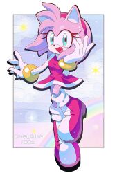 Rule 34 | 1girl, ameusute1002, amy rose, animal ears, animal nose, aqua eyes, artist name, bare shoulders, blush, boots, border, bracelet, breasts, cloud, cloudy sky, dress, eyelashes, fang, furry, furry female, gloves, gold bracelet, hairband, hands up, hedgehog ears, hedgehog girl, high heels, highres, jewelry, leg up, looking at viewer, medium breasts, multicolored footwear, open mouth, outside border, pink dress, pink footwear, pink fur, pink hairband, purple sky, rainbow, shadow, sky, sleeveless, sleeveless dress, smile, socks, solo, sonic (series), sparkle, standing, standing on one leg, star (symbol), tongue, white border, white footwear, white gloves, white socks