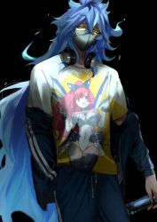 Rule 34 | 1boy, bags under eyes, bishounen, black background, blue hair, can, character print, cowboy shot, energy drink, fiery hair, from below, furrowed brow, hand in pocket, headphones, headphones around neck, highres, holding, holding can, idia shroud, jacket, jacket partially removed, long hair, looking down, male focus, mask, messy hair, monster energy, mouth mask, print shirt, shirt, shoco (sco labo), solo, standing, track suit, twisted wonderland, very long hair, white shirt, yellow eyes