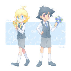 Rule 34 | 2boys, ahoge, akasaka (qv92612), ash ketchum, blonde hair, blue eyes, blue neckwear, bouquet, buttons, character name, clemont (pokemon), closed mouth, collared shirt, commentary request, creatures (company), flower, game freak, glasses, grey footwear, grey shorts, hand on own hip, holding, holding bouquet, kneehighs, long sleeves, male focus, multiple boys, necktie, nintendo, pokemon, pokemon (anime), pokemon xy (anime), shirt, shoes, short hair, shorts, smile, socks, standing, vest, white legwear, white shirt, yellow neckwear