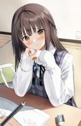Rule 34 | 1boy, 1girl, bag, black ribbon, blush, braid, brown eyes, brown hair, closed mouth, commentary request, dress, eraser, grey dress, hands up, head tilt, highres, holding, holding pen, indoors, light smile, long hair, long sleeves, looking at viewer, neck ribbon, original, pen, pentagon (railgun ky1206), pov, puffy long sleeves, puffy sleeves, ribbon, sleeveless, sleeveless dress, sleeves past wrists, solo focus, sweater, table, very long hair, white sweater