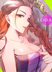 Rule 34 | 1girl, animification, apex legends, bare shoulders, black eyes, braid, breasts, brown hair, character name, cleavage, collarbone, eyeshadow, gradient hair, large breasts, lipstick, loba (apex legends), makeup, mirror, multicolored hair, parted lips, peso (honopesopeso), portrait, red eyeshadow, red hair, red lips, smile, solo, twin braids, v
