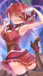 Rule 34 | 1girl, arm up, armpits, ascot, ass, black choker, blush, breasts, brown footwear, brown thighhighs, choker, cropped jacket, frilled choker, frills, gloves, gluteal fold, hair ribbon, heart, highres, hololive, houshou marine, houshou marine (1st costume), jacket, large breasts, leather footwear, leotard, leotard under clothes, looking at viewer, miniskirt, napozouattop, one eye closed, pleated skirt, red ascot, red hair, red jacket, red ribbon, red skirt, ribbon, shoes, skirt, sleeveless, sleeveless jacket, solo, thighhighs, tongue, tongue out, twintails, virtual youtuber, white gloves
