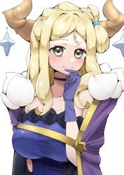 Rule 34 | 1girl, black choker, blonde hair, blue dress, blue gloves, cape, choker, closed mouth, commentary request, demon horns, dress, earrings, fur-trimmed cape, fur trim, genjitsu no yohane, gloves, hand on own chin, highres, horns, impossible clothes, impossible dress, jewelry, kooei, long hair, looking at viewer, love live!, love live! sunshine!!, ohara mari, purple cape, smile, solo, strapless, strapless dress, taut clothes, taut dress, upper body, yellow eyes