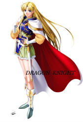 Rule 34 | 1girl, armor, belt, blonde hair, blue eyes, boots, breastplate, bridal gauntlets, cape, crescent, crescent hair ornament, filigree, hair ornament, hand on own hip, hand on own chest, long hair, long sleeves, looking at viewer, miniskirt, pointy footwear, puffy long sleeves, puffy sleeves, scabbard, sharon (words worth), sheath, sheathed, signature, simple background, skirt, smile, solo, standing, sword, takatan, very long hair, weapon, white background, words worth
