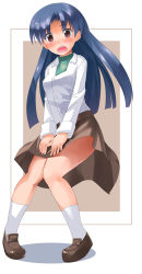 Rule 34 | blue hair, blush, brown eyes, idolmaster, idolmaster (classic), kisaragi chihaya, long hair, skirt, solo, takasaka donten