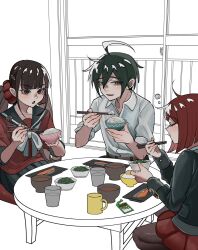 Rule 34 | 1boy, 2girls, ahoge, black hair, black sailor collar, blunt bangs, bow, bowl, bowtie, brown hair, brown pantyhose, chopsticks, closed eyes, collared shirt, commentary request, danganronpa (series), danganronpa v3: killing harmony, eating, eyelashes, food, ha (user efmy3542), hair between eyes, hair ornament, hair scrunchie, harukawa maki, highres, holding, holding chopsticks, jacket, long hair, long sleeves, low twintails, mole, mole under eye, multiple girls, pantyhose, pleated skirt, red eyes, red hair, red scrunchie, red shirt, red thighhighs, rice bowl, saihara shuichi, sailor collar, school uniform, scrunchie, seiza, shirt, short hair, sitting, skirt, sleepy, smile, table, thighhighs, twintails, unfinished, white bow, white bowtie, yumeno himiko