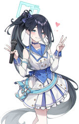 Rule 34 | 1girl, absurdres, aqua eyes, aqua halo, aris (blue archive), black hair, blue archive, breasts, buttons, choker, cowboy shot, detached sleeves, double v, dress, feet out of frame, hair between eyes, halo, hands up, highres, holding, holding microphone, idol, long hair, long hair between eyes, looking at viewer, microphone, mischievous straight uniform (blue archive), official alternate costume, parted lips, ponytail, rectangular halo, small breasts, solo, standing, sweat, tamago (eva1314056), v, very long hair, white background