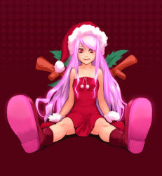 Rule 34 | 1girl, bare shoulders, boots, dress, full body, gloves, halftone, hat, long hair, polka dot, purple hair, red background, red dress, red eyes, red skirt, santa hat, simple background, sitting, skirt, smile, solo, spread legs, yuuji (and)