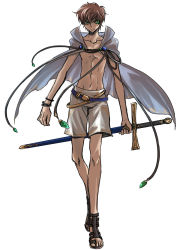 Rule 34 | 1boy, bracelet, brown hair, cape, closed mouth, code geass, collarbone, feet, full body, green eyes, grey cape, hair between eyes, highres, holding, holding sword, holding weapon, jewelry, kururugi suzaku, looking at viewer, male focus, nuts takahashi, sandals, sheath, sheathed, shorts, simple background, sketch, solo, sword, toes, weapon, white background, white shorts