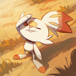 Rule 34 | alaspargus, rabbit, closed mouth, commentary, creature, creatures (company), day, english commentary, frown, full body, game freak, gen 8 pokemon, grass, nintendo, no humans, outdoors, pokemon, pokemon (creature), scorbunny, shadow, solo, standing, sunlight