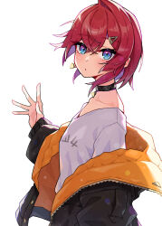 Rule 34 | 1girl, ange katrina, ange katrina (5th costume), black choker, black jacket, blue eyes, choker, closed mouth, commentary, expressionless, hair between eyes, hair ornament, hairclip, hand up, highres, jacket, long sleeves, looking at viewer, muco lita, nijisanji, off shoulder, official alternate costume, open clothes, open jacket, red hair, shirt, short hair, simple background, solo, virtual youtuber, white background, white shirt