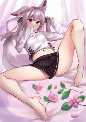 Rule 34 | 1girl, absurdres, akinakesu-chan, animal ear fluff, animal ears, arm up, barefoot, bed sheet, black ribbon, black skirt, blush, collarbone, commentary, covered mouth, flower, grey hair, hair between eyes, hair ribbon, hand up, highres, knee up, long hair, long sleeves, looking at viewer, lying, midriff, navel, on back, original, petals, pillow, pink flower, pleated skirt, red eyes, ribbon, shirt, skirt, sleeves past wrists, solo, spread legs, tail, twintails, white shirt