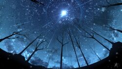 Rule 34 | cloud, commentary, english commentary, falling star, forest, from below, highres, light, light particles, nature, night, night sky, no humans, original, outdoors, rune xiao, scenery, signature, sky, star (sky), starry sky, still life