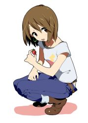 Rule 34 | 1girl, bad id, bad pixiv id, boots, brown eyes, brown hair, casual, denim, downpants, food, fruit, highres, hirasawa yui, holding, holding food, holding fruit, jeans, k-on!, kadenden, kyoto animation, listen!!, panties, pants, short hair, solo, squatting, strawberry, underwear, white panties