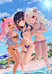 Rule 34 | 3girls, absurdres, an icy cat, arm grab, asymmetrical bangs, bare shoulders, beach, bikini, bird, black bikini, black bow, blue jacket, blurry, blurry background, blush, bow, breasts, can, chestnut mouth, chloe von einzbern, clothing cutout, cloud, cloudy sky, coca-cola, dark-skinned female, dark skin, dot nose, drink can, fate/grand order, fate/kaleid liner prisma illya, fate (series), feet, female focus, frilled bikini, frills, front-tie bikini top, front-tie top, hair bow, hair ornament, hairclip, hand on another&#039;s arm, highres, holding, holding can, illyasviel von einzbern, isuzu (an icy cat), jacket, long hair, lowleg, lowleg bikini, medium hair, micro bikini, miyu edelfelt, multicolored eyes, multiple girls, open mouth, orange eyes, pink bikini, pink eyes, ponytail, purple bikini, short twintails, side-tie bikini bottom, sidelocks, sky, small breasts, smile, soda can, standing, standing on one leg, star (symbol), star print, string bikini, swimsuit, thigh strap, thighs, twintails, water drop, wavy mouth, white bikini, white hair
