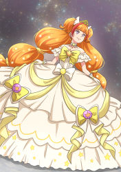 Rule 34 | 1girl, amanogawa kirara, bare shoulders, bow, brooch, brown hair, choker, cure twinkle, cure twinkle (dress up premium), dress, dress bow, frills, full body, go! princess precure, hakushaku reijo, jewelry, long hair, low-tied long hair, magical girl, mode elegant (go! princess precure), multicolored hair, precure, purple eyes, quad tails, red hair, smile, solo, star (symbol), strapless, strapless dress, streaked hair, twintails, two-tone hair, very long hair, waist bow, white bow, white dress, yellow bow