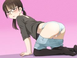 Rule 34 | 1girl, aftersex, all fours, ass, black thighhighs, blush, brown-framed eyewear, brown eyes, brown hair, censored, clothes pull, clothing aside, commentary request, cum, cum in pussy, cumdrip, feet, glasses, hair ribbon, halftone, halftone background, looking at viewer, low twintails, meow (nekodenki), mosaic censoring, no shoes, open mouth, original, panties, panties aside, polka dot, polka dot panties, ribbon, shirt, shorts, shorts pull, solo, t-shirt, thighhighs, twintails, underwear, white panties