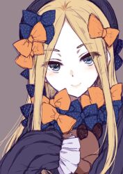 Rule 34 | 1girl, abigail williams (fate), beret, black bow, black dress, black hat, blonde hair, blue eyes, blush, bow, dress, fate/grand order, fate (series), grey background, hair bow, hat, holding, holding stuffed toy, long hair, long sleeves, looking at viewer, multiple hair bows, nanatsugumi, orange bow, parted bangs, polka dot, polka dot bow, simple background, sketch, sleeves past fingers, sleeves past wrists, smile, solo, stuffed animal, stuffed toy, teddy bear, upper body