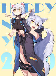 Rule 34 | 2girls, :d, aged down, animal ears, arknights, arms up, baby, bare arms, bare shoulders, barefoot, black dress, black shirt, black shorts, breasts, chinese commentary, commentary, covered navel, cowboy shot, crop top, dress, hair between eyes, happy new year, head tilt, highres, holding, holding baby, holding person, jacket, large tail, looking at viewer, midriff, mouse ears, mouse tail, multiple girls, new year, nian (zhanian), open clothes, open jacket, open mouth, outstretched arms, provence (arknights), purple jacket, scavenger (arknights), shirt, short dress, short hair, short shorts, short sleeves, shorts, silver hair, small breasts, smile, standing, stomach, tail, wolf ears, wolf tail, yellow background, yellow eyes