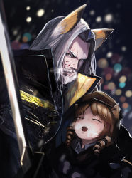 Rule 34 | 1boy, absurdres, animal ear fluff, animal ears, arknights, beard, black gloves, black jacket, blood, blood on face, brown eyes, brown hair, cat ears, closed eyes, crying, drill hair, facial hair, gloves, hat, hellagur (arknights), highres, holding, holding sword, holding weapon, jacket, katana, long hair, looking at viewer, main0567, male focus, mustache, okoru ringo, old, old man, open mouth, swire (arknights), sword, twin drills, upper body, very long hair, weapon, white hair