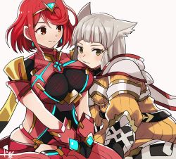 Rule 34 | 2girls, animal ears, black gloves, blunt bangs, bodysuit, breasts, cat ears, chest jewel, earrings, fingerless gloves, gloves, grey hair, jewelry, large breasts, multiple girls, nia (xenoblade), pyra (xenoblade), red eyes, red hair, red shorts, rem (eyes 410), short hair, short shorts, shorts, swept bangs, thighhighs, tiara, white gloves, xenoblade chronicles (series), xenoblade chronicles 2, yellow bodysuit, yellow eyes