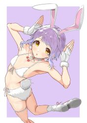 Rule 34 | 1girl, animal ears, arms up, ass, bikini, breasts, chinese zodiac, collarbone, commentary request, earrings, fake animal ears, fake tail, fingerless gloves, foot out of frame, fur-trimmed gloves, fur bikini, fur trim, gloves, highres, idolmaster, idolmaster million live!, jewelry, makabe mizuki, ogasawara, purple background, purple hair, rabbit ears, short hair, small breasts, socks, solo, string bikini, swimsuit, tail, twisted torso, white bikini, white footwear, white gloves, white socks, year of the rabbit, yellow eyes