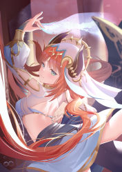 Rule 34 | 1girl, absurdres, aqua eyes, bare back, blush, circlet, closed mouth, clothing cutout, dancer, floating hair, forehead jewel, genshin impact, highres, holding, horns, leg up, long hair, long sleeves, looking at viewer, nilou (genshin impact), parted bangs, puffy long sleeves, puffy sleeves, red hair, skirt, smile, twintails, vambraces, veil, zhongwu chahui