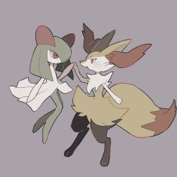 Rule 34 | 2girls, animal ear fluff, animal ears, animal hands, animal nose, bad id, bad twitter id, blush, braixen, closed mouth, colored skin, creatures (company), eye contact, female focus, fox ears, fox tail, full body, furry, furry female, game freak, gen 3 pokemon, gen 6 pokemon, green hair, green skin, hair over one eye, hand up, happy, highres, holding hands, kirlia, kurosuke (krsk 8x8x), light blush, long hair, looking at another, multicolored skin, multiple girls, nintendo, pokemon, pokemon (creature), purple background, red eyes, simple background, smile, snout, standing, tail, two-tone skin, white skin