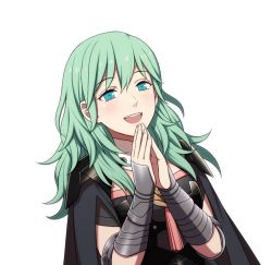 Rule 34 | 1girl, armor, byleth (female) (fire emblem), byleth (fire emblem), cape, fire emblem, fire emblem: three houses, green eyes, green hair, hiyori (rindou66), nintendo, open mouth, simple background, solo, upper body, white background