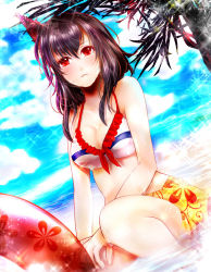 Rule 34 | 1girl, bikini, black hair, blush, breasts, cleavage, floral print, frown, hair ornament, innertube, kantai collection, looking at viewer, medium breasts, partially submerged, red eyes, sarong, short hair, sitting, solo, striped bikini, striped clothes, swim ring, swimsuit, tree, water, yamashiro (kancolle), yuri chikao