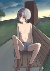 Rule 34 | 1girl, 1other, absurdres, arm support, bench, blue shorts, blush, breasts, brown footwear, chipcat, cloud, collarbone, exhibitionism, grass, hair between eyes, head tilt, highres, knees up, lamppost, navel, nipples, no socks, nude, on bench, original, outdoors, park, park bench, public indecency, purple eyes, purple hair, shoelaces, shoes, short hair, short shorts, shorts, sitting, sky, small breasts, solo focus, spread legs, topless, tree