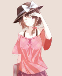 Rule 34 | 1girl, alternate costume, bare shoulders, book, bow, brown background, brown eyes, brown hair, hair bow, hand to forehead, hat, hat bow, one eye closed, ribbon, shirt, short hair, simple background, skirt, smile, solo, touhou, usami renko, yosshii (ne ko matter)