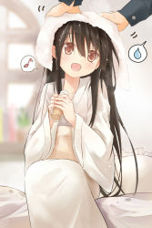 Rule 34 | 1girl, black hair, bottle, brown eyes, drying, drying hair, efe, female focus, houraisan kaguya, japanese clothes, kimono, long hair, md5 mismatch, musical note, open mouth, quaver, sitting, smile, solo focus, speech bubble, spoken musical note, spoken sweatdrop, sweatdrop, touhou, towel