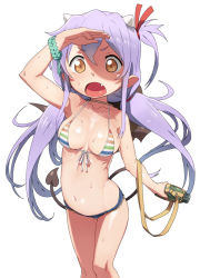 Rule 34 | 1girl, :o, bat wings, bikini, bikini top only, bottle, breasts, canteen, cutoffs, demon girl, demon tail, fang, front-tie top, hair ribbon, horns, long hair, medium breasts, multicolored stripes, navel, one side up, open mouth, purple hair, ribbon, sengoku collection, shading eyes, shiny skin, short shorts, shorts, simple background, solo, striped bikini, striped clothes, swimsuit, tail, tenchisouha, thigh gap, tsukahara bokuden (sengoku collection), white background, wings, yellow eyes