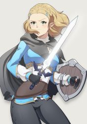 Rule 34 | 1girl, angry, blonde hair, breasts, cape, elf, frown, gloves, green eyes, hair ornament, hairclip, leggings, looking at viewer, master sword, nintendo, pointy ears, princess zelda, shield, sidelocks, solo, sword, the legend of zelda, the legend of zelda: breath of the wild, thighs, weapon