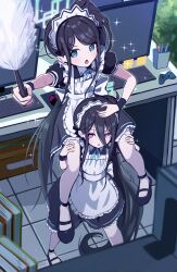 Rule 34 | &lt;key&gt; (blue archive), 2girls, absurdly long hair, absurdres, alternate costume, apron, aris (blue archive), aris (maid) (blue archive), black dress, black footwear, black hair, blue archive, blue eyes, blush, book, commentary, controller, dress, duster, enmaided, frilled apron, frills, game controller, green halo, halo, highres, keyboard (computer), long hair, maid, maid apron, maid headdress, monitor, multiple girls, official alternate costume, open mouth, ponytail, red eyes, ringed eyes, shoes, short sleeves, thomason366, very long hair, white apron