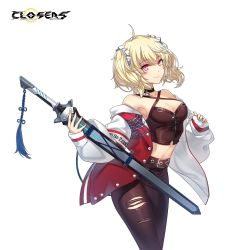 Rule 34 | 1girl, ahoge, alternate color, armpits, bai winchester, bare shoulders, belt, blonde hair, breasts, choker, cleavage, closers, criss-cross halter, crop top, hair ornament, hair scrunchie, halterneck, halterneck, heterochromia, highres, holding, holding sword, holding weapon, jacket, long hair, long sleeves, looking at viewer, medium breasts, midriff, navel, off shoulder, official art, open clothes, open jacket, pants, pink eyes, puffy sleeves, purple eyes, red jacket, red pants, red shirt, scrunchie, shirt, sleeveless, sleeveless shirt, smile, solo, stomach, sword, tassel, torn clothes, torn pants, twintails, weapon
